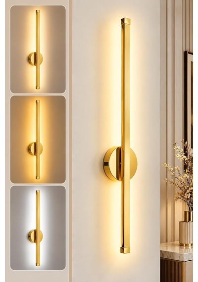 Tr Dekoratif 20w İç Mekan Krom Kasa 3 Renkli Işık Elektrikli 80 Cm Duvar Aplik 4 Adet 2, Gold Diğer