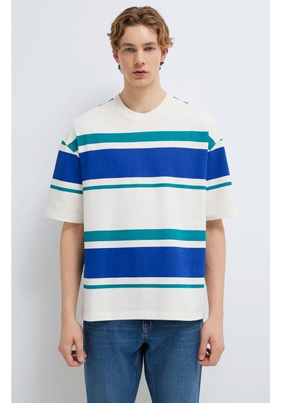 Mavi M0613331-70057 Basic Çizgili Tişört Loose Fit Tişört Erkek T-shirt Beyaz