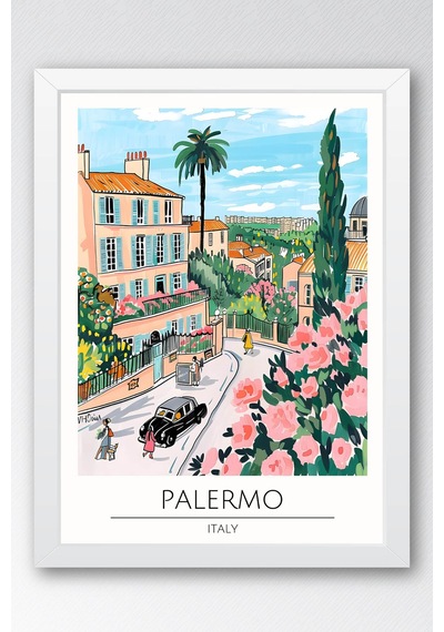 İtalya Palermo Duvar Tablosu Modern Salon Duvar Dekoru, Akdeniz Temalı Çerçeveli Poster Tablo Beyaz