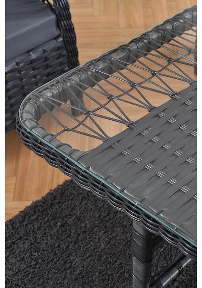 Paris Rattan Puflu Bahçe Balkon Takımı 3+1+1 Cam Masalı Antrasit