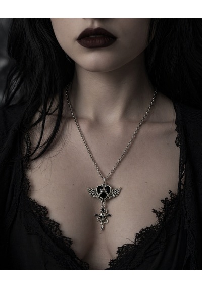 Gotik Kanatlı Kalp Ve Kurukafa Detaylı Siyah Taşlı Kolye Unisex Çok renkli