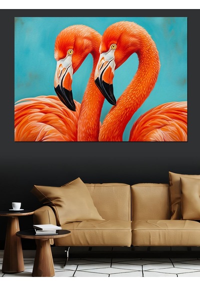 Turuncu Flamingo Kuş Çifti Dekoratif Kanvas - Mdf Ahşap Tablo