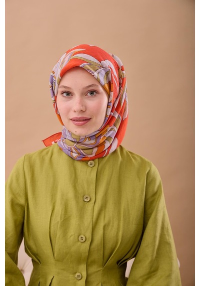Silk Home Olinda İpek Eşarp 47003-17 Parlak Turuncu, Lila, Yağ Yeşili, Mor, Krem