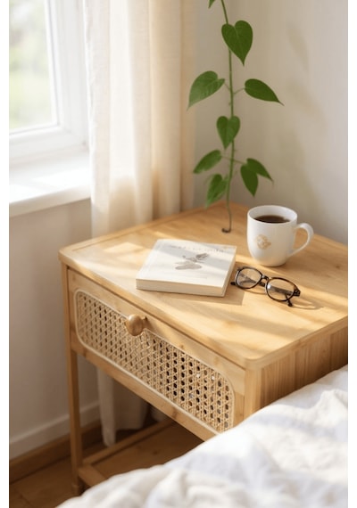 Robin Home Bambu Hazeranlı Rattan Çekmeceli Komodin Yan Sehpa Bej
