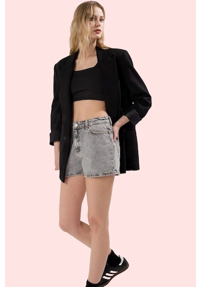 Ersefa Kadın Pamuklu Denim Şort City Short Kalıp Mom Siluet Rahat Günlük Gri-001
