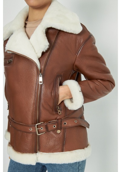 M M Marki Marki Deri Ve Kürk Kadın Kaban - 77 Cm, Taba Rengi, Kemerli, Oversize - 106322