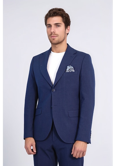 Lacivert Slim Fit İki Düğmeli Keten Görünümlü Erkek Takım Elbise - Wessi