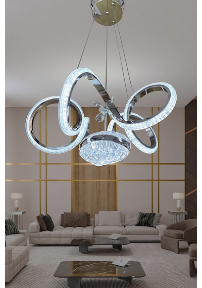 Kıvrım Eliza Tek Toplu Simli Slikonlu Modern Oturma Led Avizesi - Kumandalı / Krom Krom