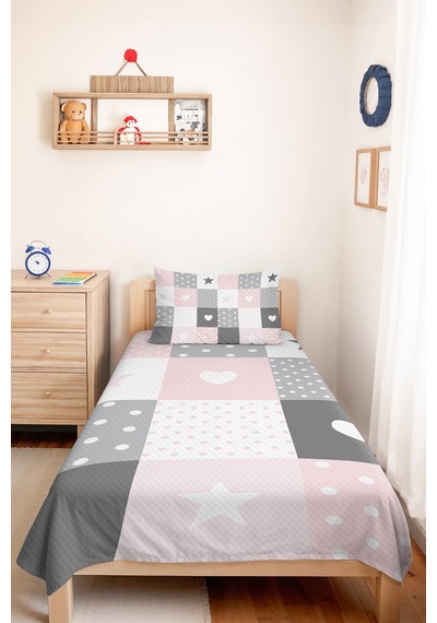 Evimde Bambaşka Kalp Ve Puanlı Pembe Kız Çocuk Pike Takımı-patchwork Gri Pastel Bebek Odası Yatak Örtüsü-160x220  CM