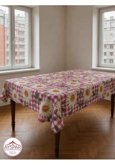 Masa Örtüsü 150x170 Cm Pembe Kareli Papatya Beyaz