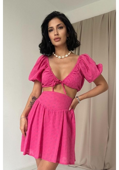 Butik İstanbul Fuşya Brode Crop Ve Mini Etek Takım