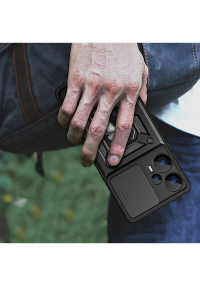 Xiaomi Poco F5 Kılıf Sürgülü Kamera Koruyucu Manyetik Standlı Tank Koruma Celikaksesuar Mavi