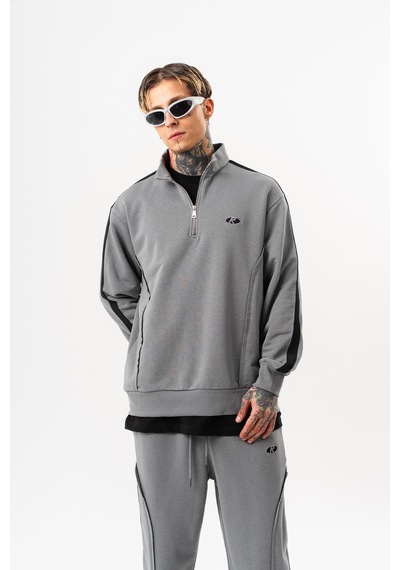 Respire Erkek Pis Dikiş Detaylı Yarım Fermuarlı Diagonel Sweatshirt Gri