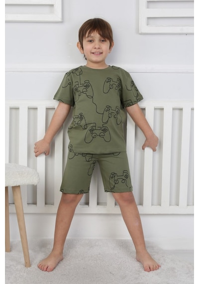 Bunny Hopp Şortlu Erkek Çocuk Pijama Takımı %100 Pamuk Desenli Yazlık 3-8 Yaş Yeşil