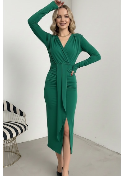 Defymoda Kadın Kruvaze Yaka Şık Tasarım Elbise Yeşil