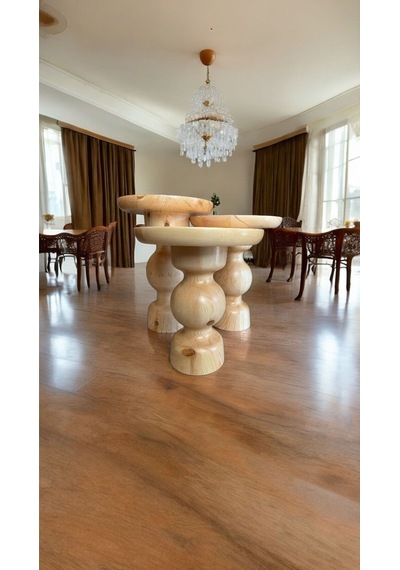 Wood Wooden Ahşap 3 Lü Set Mantar Yan Sehpa Modern Fiskos / Naturel Renk/ Zigon Sehpa Naturel