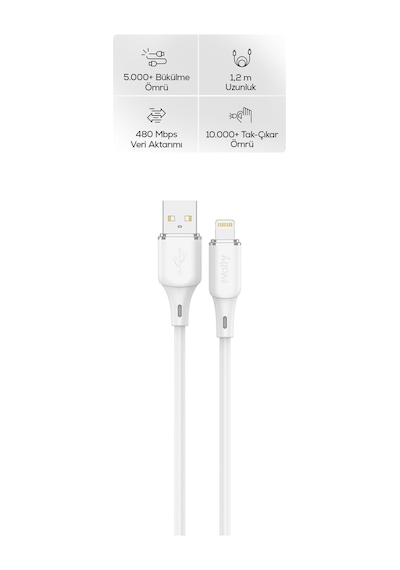 Usb-a To Lightning Hızlı Şarj Kablosu 12w 2.4a, 480mbps, 1.2m, İphone, İpad Uyumlu Beyaz-v205002