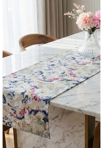 Menekşe Çiçek Baskılı Duck Kumaş Runner 40x140 Cm 761 Çok Renkli