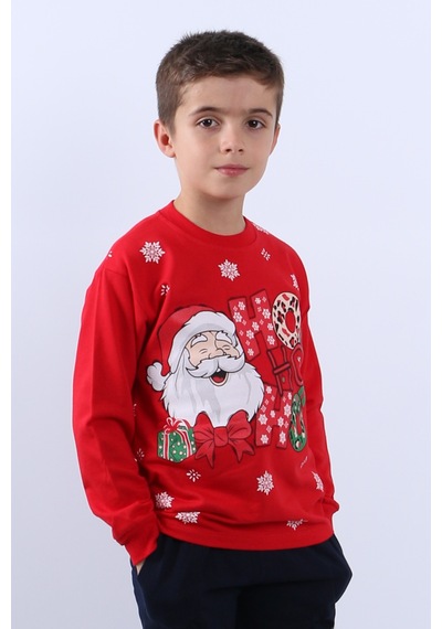 Çocuk Yılbaşı Sweat Noel Baba Ve Kar Tanesi Baskılı Ribanalı E29 Kırmızı