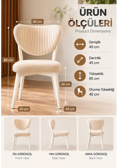 2'li Elma Model Sandalye Krem Kumaş Beyaz Metal Ayaklı Modern Mutfak Ve Salon Sandalyesi
