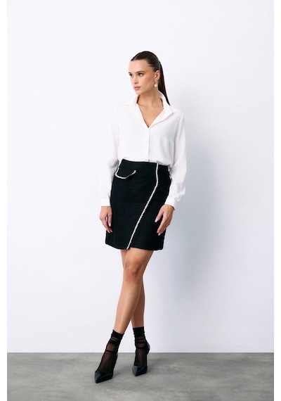 Sateen Kruvaze Süs Cepli Kısa Etek - Siyah-135452 Siyah