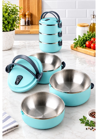 3 Katlı Yeni Nesil Sefer Tası Lunch Box Beslenme Kabı Paslanmaz Çelik 1800 Ml Turkuaz