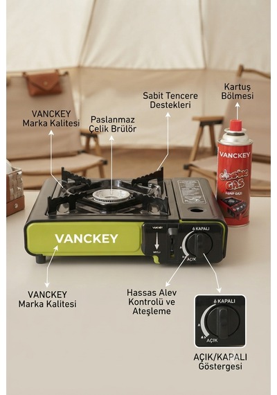 Portatif Kamp Ocak Gaz Stop Emniyetli Taşıabilir Hafif Ocak Karuş Hediyeli Açık Yeşil