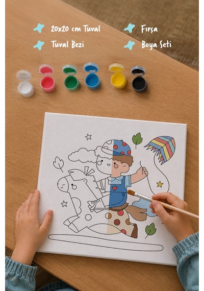 Uçan Çocuk Boyama Tuvali Şövalesiz Boya Seti 20x20