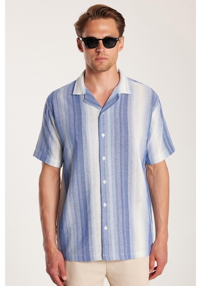 Tudors Relax Fit Oversize Dökümlü Rahat Kalıp Çizgili Keten Efekt Erkek Gömlek-33898 Çok Renkli