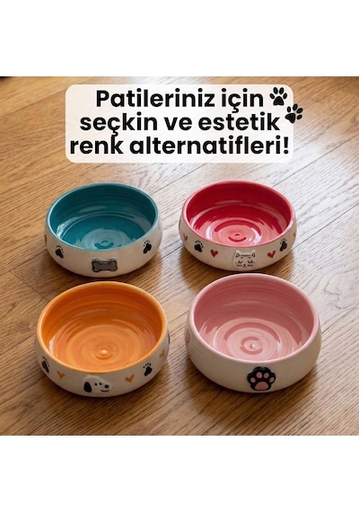 Lüks Seramik Mama Kabı Pati Kedi Köpek Kalp Desen Kabartmalı Doğal Renkli Kedi Ve Köpek Yemek Su Kasesi, Devrilmez Premium Dekoratif Porselen Yapı 1 Adet Tekli Kırmızı