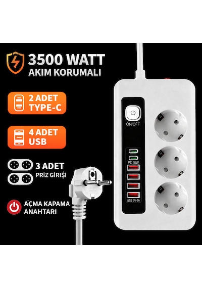 3500w Akım Korumalı 3 Lü Priz 2 Type-c + 4 Usb Girişli Açma Kapama Anahtarlı 2 Metre Kablolu 2 M