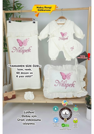 Gros Shop Müslin Yeni Doğan 4katlı Organik %100pamuk Kişiye Özgü Nakışlı Hastane Çıkış Seti Çoklu Kelebek-2 Ekru