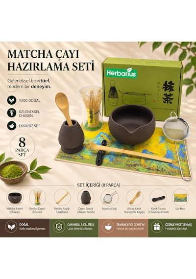 Herbarius 8 Parça Dokulu Mat Siyah Renk Matcha Çayı Hazırlama Seti - Geleneksel Japon Matcha Seti