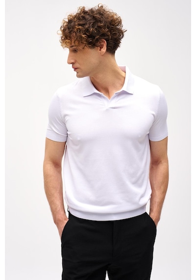 Beyaz Slim Fit Dar Kalıp Polo Yaka Düz Kısa Kollu Triko Tişört-16331 Beyaz