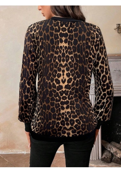 De'charme Kadın Uzun Kollu V Yakalı Desenli Süprem Bluz Leopar