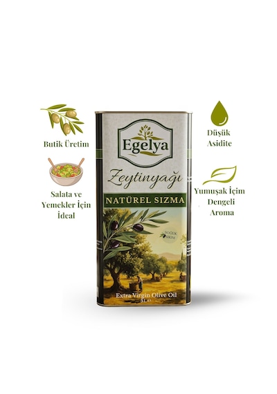 Egelya Natürel Sızma Zeytinyağı 5 L Teneke Soğuk Sıkım, %0,5 Asit, Butik Üretim