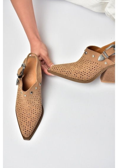 Fox Shoes Y654329102 Vizon Hakiki Deri Süet Zımba Detaylı Western Topuklu Ayakkabı