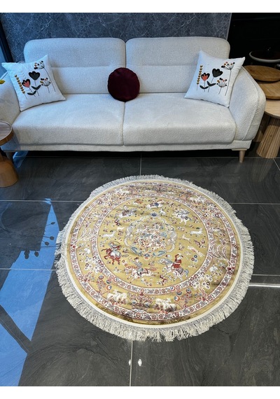 Orfe İpek Tuşeli Halı Salon Halısı, Oturma Odası Halısı, Antre Giriş Halısı Yuvarlak Haki