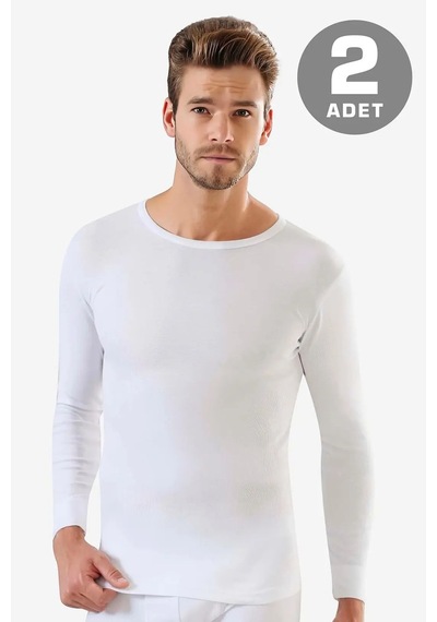 Terrien Premium Erkek Bisiklet Yaka Uzun Kollu Fanila Badi Beyaz 2'li Paket Günlük Tişört Alt Giyim