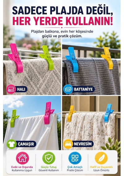 2'li Set Xl Boy Şezlong Mandalı Çift Telli Plaj Havlusu Halı Battaniye Çamaşır Mandalı Karışık Renk Renkli