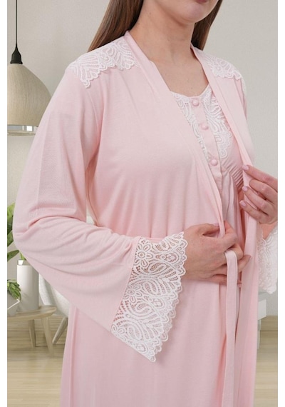 Mecit Pijama Mecit 6204 Bayan Pembe Hamile Lohusa Sabahlık Gecelik Takım