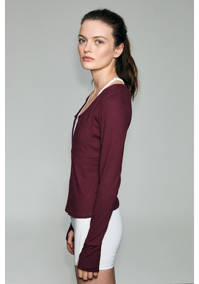 Grımelange Polunea Kadın V Yakalı Önü Fermuar Kapamalı Vücuda Oturan Slim Fit Bordo Bluz bordo