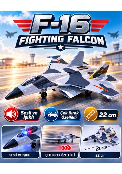 F-16 Fighting Falcon Gri Siyah Kamuflaj Desenli Sesli-ışıklı Çek-bırak Askeri Oyuncak Uçak 21 Cm
