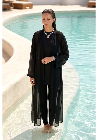 Haliç Mayo Tesettür Mayo Üzerine Tek Kaftan Pareo 6621 Siyah01 Siyah