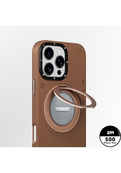 Apple Uyumlu iPhone 16 Pro Max Kılıf Magsafe Özellikli 360 Standlı Deri Desenli Youngkit Tech Leather Serisi