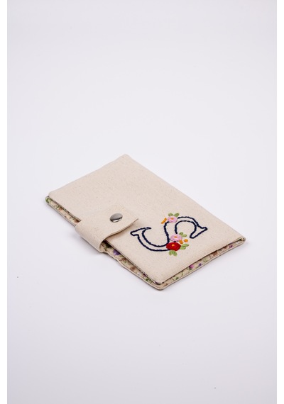 Fabric Craft Bag Kişiselleştirilebilir Kadın Cüzdan Ve Nakışlı Anahtarlık Seti Baş Harf İşlemeli Krem