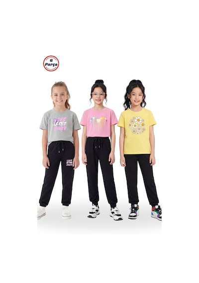 Panios Kids 3 Lü Yuvarlak Yaka Tişörtlü Baskı Detaylı Kız Çocuk 6 Parça Alt Üst Takım Gri - Pembe - Sarı