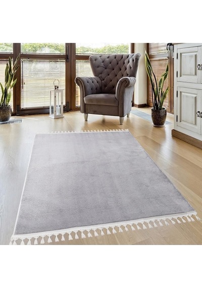 Vl Comfort Peluş Halı Beyaz Düz Saçaklı Açık Gri Ponpon Saçak