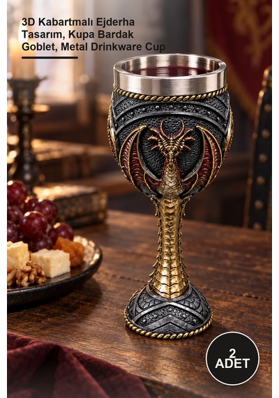 2 Adet Paslanmaz Çelik Kadeh 3d Kabartmalı Ejderha Tasarım, Kupa Bardak Goblet, Metal Drinkware Cup