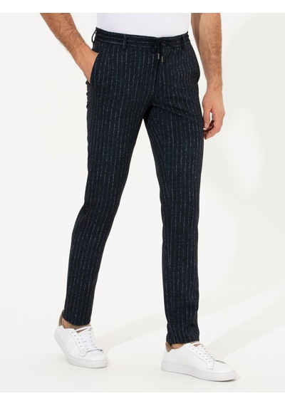 Cacharel Lacivert Ex. Slim Fit Beli Bağcıklı Çizgili Kumaş Pantolon